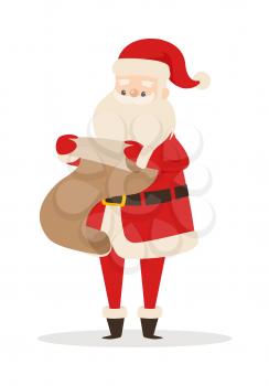 Santa Claus with wish list isolated on white. Father Christmas in cartoon design with long sheet of paper. Funny magic character read parchment vector illustration in winter holiday concept.