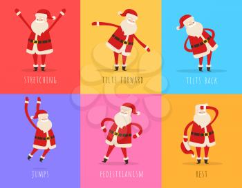 Set of active Santa fitnes to keep fit in winter on colourful background. Vector illustration of active man who stretches body, tilts forward and back, jumps high, doing pedestrianism and goes rest.