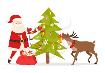 Santa Claus and big reindeer decorate fir tree, prepare present for children vector illustration. Fir tree is decorated by garlands, snowflakes, tasty candies and artificial candles from big red bag