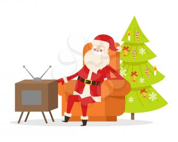 Sitting Santa Claus in orange big armchair near TV set and decorated Christmas tree on on white background. Cartoon personage watches television at the New Year Eve. Calm rest vector illustration