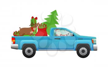 Santa Claus hurry on party. Santa driving pickup loaded with Christmas tree, sack of gifts and reindeer flat vector illustration isolated on white background. Celebrating winter holidays concept