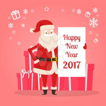 Happy New Year 2017 banner in Santas hand on the background of gift boxes. Cartoon character holds poster with congratulations to wish you Merry Christmas. Big snowflakes and gift silhouettes vector