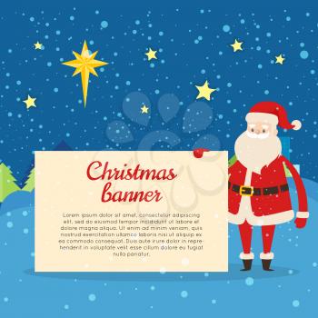 Christmas banner postcard from Santa Claus on dark snowy night background. Vector illustration of standing man in red warm coat and trousers, soft hat and gloves, black belt, boots among field.