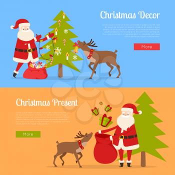 Christmas decor and present with Santa Claus on different blue and orange backgrounds. Man and big reindeer decorate fir tree, prepare presents for children all around the world. Vector illustration