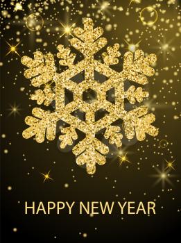 Happy New Year congratulation banner with glittering snowflake closeup, sparkling gold elements, bright splashes on golden background vector illustration
