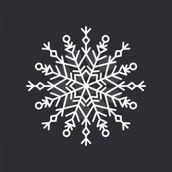 Snowflake white ice crystal with traditional shape made up of lines, circles and triangles, vector illustration isolated on black background
