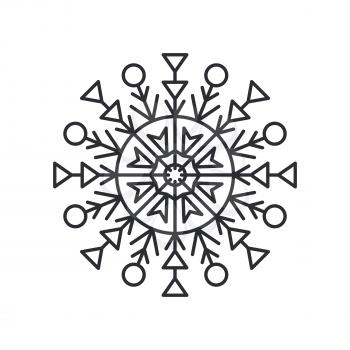 Snowflake silhouette of circular shape with lines and triangles, and circle in centre, schematic crystal object, colorless vector illustration