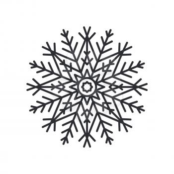 Snowflake silhouette of circular shape with lines and triangles, and circle in centre, schematic crystal object, colorless vector illustration