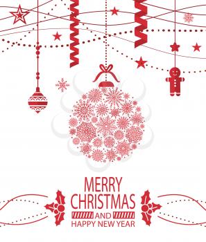 Merry Christmas and Happy New Year cover design, red snowflake ball created from ornamental patterns vector illustration isolated on white background