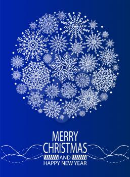 Merry Christmas and Happy New Year cover design with snowflake ball created from ornamental patterns vector illustration isolated on blue background