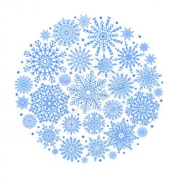 Christmas ball icon created by snowflakes of different shapes vector illustration isolated on white background. Symbol of winter 2018 blue snowball