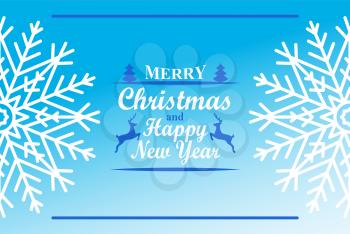 Merry Christmas and Happy New Year inscription decorated by trees and reindeers and snowflakes on both side of poster cover design vector illustration