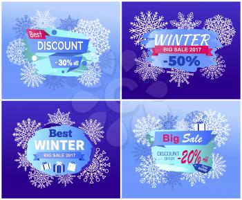 Best discounts winter big sale best offer promo posters with snowflakes on background winter illustrations set of advertisement labels on blue backdrop