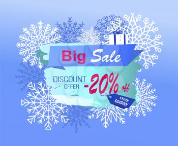 Big sale discount offer only today -20 off promo advertisement banner on background of snowflakes and gift box with blue ribbon vector illustration