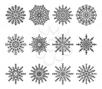 Snowflakes set with frozen items, symmetrical ice crystals made up of lines, circles and triangles, colorless vector illustration isolated on white
