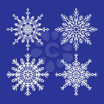 Snowflakes collection closeup of unique ice crystals small particles of snow vector illustrations set isolated on dark blue background in flat style