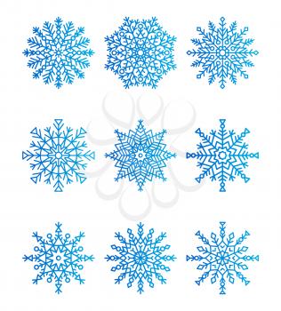 Snowflakes icons collection of different shape and forms, unique symmetrical ice crystals, vector illustration, isolated on white background