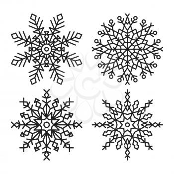 Symmetrical ice crystals made up of lines, circles and triangles, colorless vector illustration isolated on white. Snowflakes set with frozen items