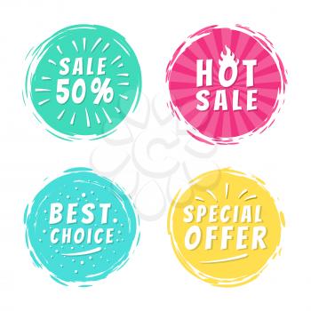 Sale 50 best hot choice special offer promo stickers round labels brush strokes vector illustration stamps with text isolated on white background