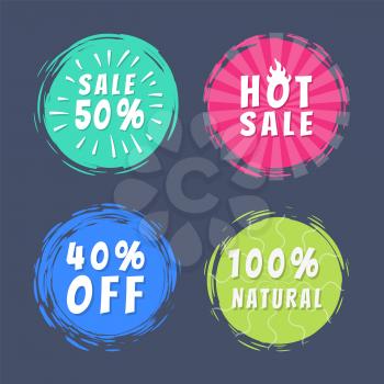 Sale 50 best hot choice special offer promo100 natural stickers round labels brush strokes vector illustration stamps with text isolated on blue