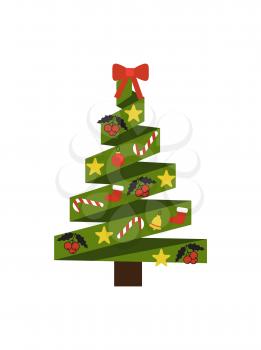 Christmas tree made of ribbons, decoration elements placed on it, stars and candies, balls and mistletoe, sock isolated on vector illustration
