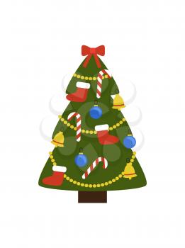 Christmas tree with decorations such as garlands, balls and toys, red socks and traditional candies, bells on vector illustration isolated on white