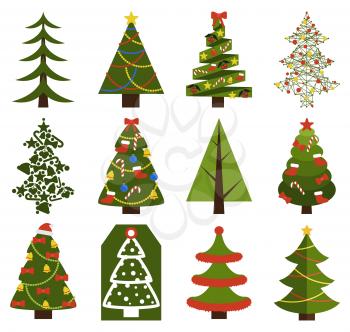 Big set of Christmas tree symbols with or without decorative elements, abstract spruces with garlands and toys, topped by hat or star vector on white