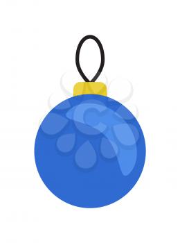 Christmas blue ball hanging on thread vector illustration isolated on white. Decorative xmas toy of round shape, element for New year tree decoration