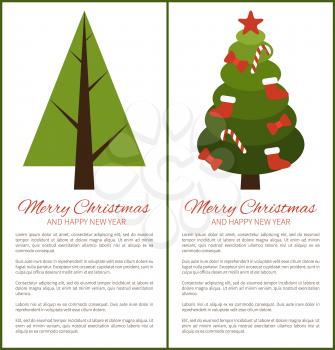 Merry Christmas and Happy New Year posters abstract tree, spruce plant icon with brown trunk, forest element with triangle shape crown vector illustrations