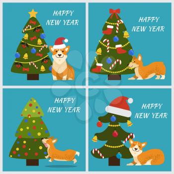 Happy New Year banners set with tree decorated by hat of Santa Claus, garlands and bows with bells, playful dog isolated on blue vector illustration