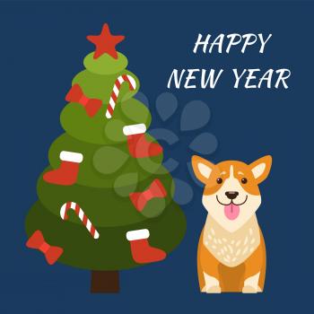 Happy New Year poster with smiling dog of beige and white color and decorated Christmas tree with bows, socks garlands and star vector illustration