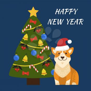 Happy New Year placard, image of dog sitting with Santa Claus hat, tree with star on its top, bell and balls, mistletoe and candies vector illustration