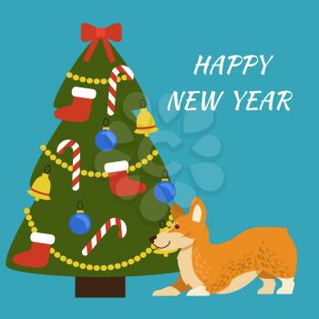 Happy New Year placard with excited dog and evergreen tree decorated with bows, bells and candies, garlands and balls with socks vector illustration