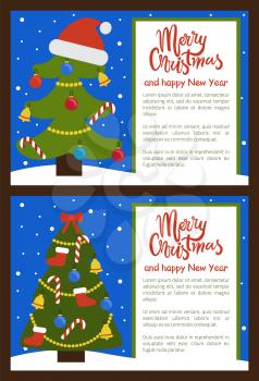 Merry Christmas and Happy New Year posters abstract trees symbols of holiday, candies and bells, garlands and ribbons, mistletoe and star, vector
