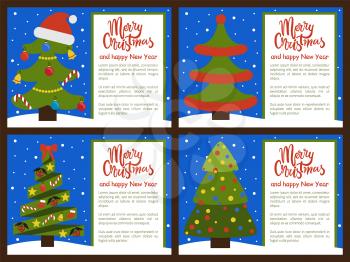 Merry Christmas and Happy New Year posters set, trees ornated with toys in forms of candies and bells, balls and garlands, big red hat of Santa vector