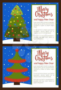 Merry Christmas and Happy New Year posters tree made up of red tinsel placed on borders, celebration symbol of winter holidays vector illustrations set