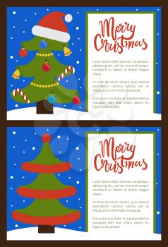 Merry Christmas and Happy New Year posters with tree made up of red tinsel, celebration symbol of winter holidays vector illustration banners with text