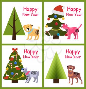 Happy New Year posters set with abstract Christmas trees and cute puppies with spots vector illustration greeting cards isolated on white background
