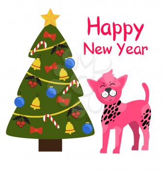 Happy New Year greeting card cartoon pink spotted dog and decorated Christmas tree topped by golden star, with garlands, candies and balls, red bows