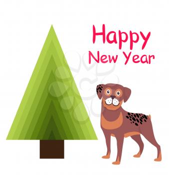 Happy New Year greeting card cartoon brown spotted dog and abstract Christmas tree triangular shaped, Xmas symbol without decorations and cute puppy