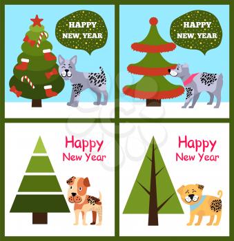 Happy New Year inscription on congratulation poster with cute dogs symbols of 2018 and Christmas trees, cartoon spotted animals in flat style design