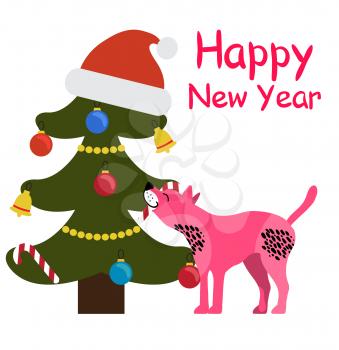 Happy New Year greeting card cartoon spotted dog and decorated Christmas tree topped by Santa s hat, puppy tastes spruce by tongue vector illustration