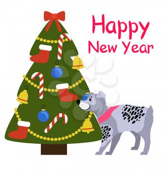 Happy New Year banner with grey dog in pink collar standing near decorated Christmas tree with red socks, golden garlands, sweet candy sticks vector