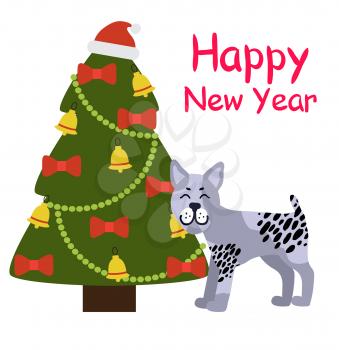 Happy New Year banner with grey dog standing near decorated Christmas tree with red bows, golden garlands and bells topped by Santa s hat vector