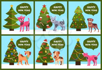 Congrats cards on green background, merry wishes Happy New Year from dotted puppies under Christmas trees set vector illustration postcards with dogs