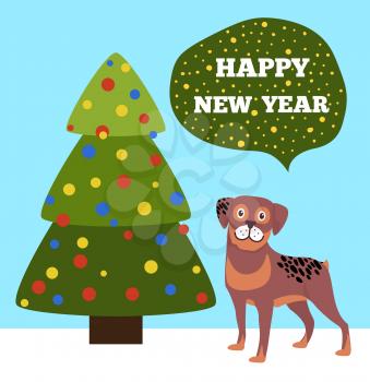 Happy New Year placard with tree made triangles decorated by color balls, celebration symbol of Chinese horoscope cute dog vector illustration poster