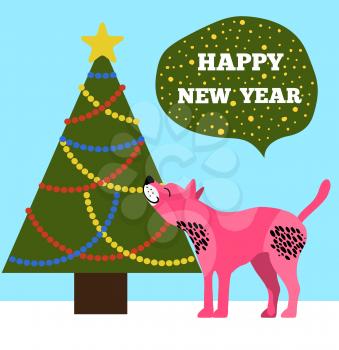 Happy New Year poster with evergreen Christmas tree with colorful garlands, topped by golden star vector illustration with dog symbol 2018 icon