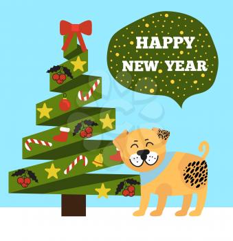 Happy New Year poster with evergreen Christmas tree with colorful garlands, topped by red bow vector illustration with dog symbol 2018 icon as present