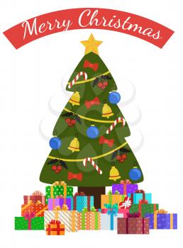 Merry Christmas poster with decorated tree by garlands, bells and bows on ribbons, golden star on top, packed presents in gift boxes vector illustration