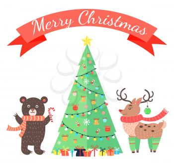 Merry Christmas greetings from cartoon bear with candy stick and reindeer in warm scarf with horns decorated by ball near xmas tree vector illustration